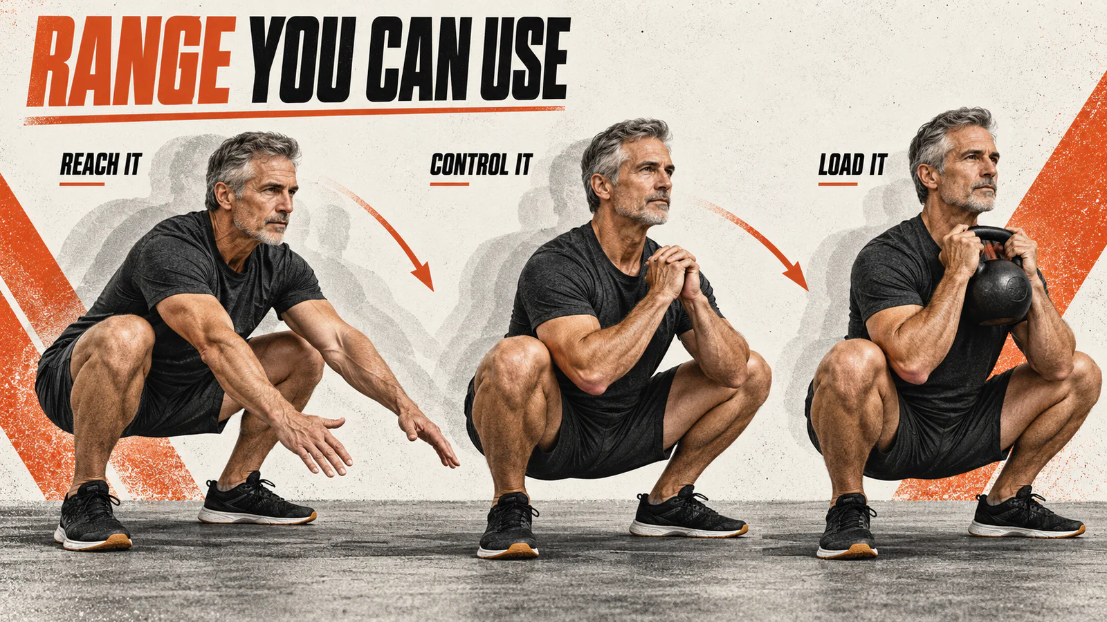 A capable man reaching, controlling, and loading a deep squat position.