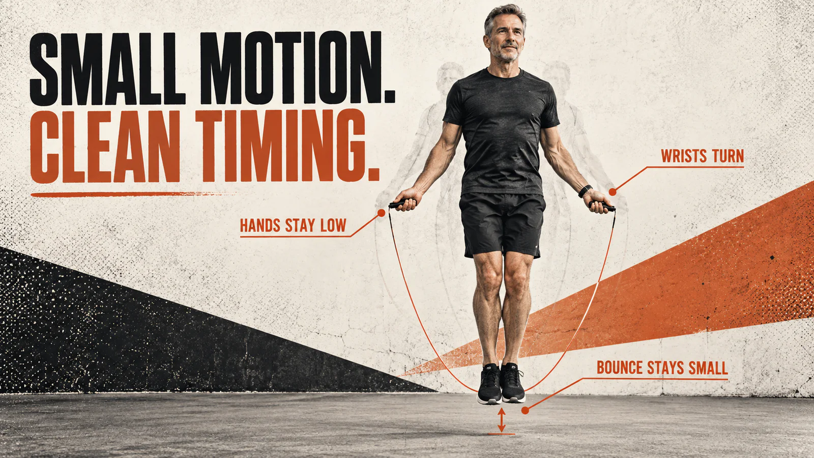 A capable man demonstrating low hands, wrist-driven rope turns, and a small jump-rope bounce.