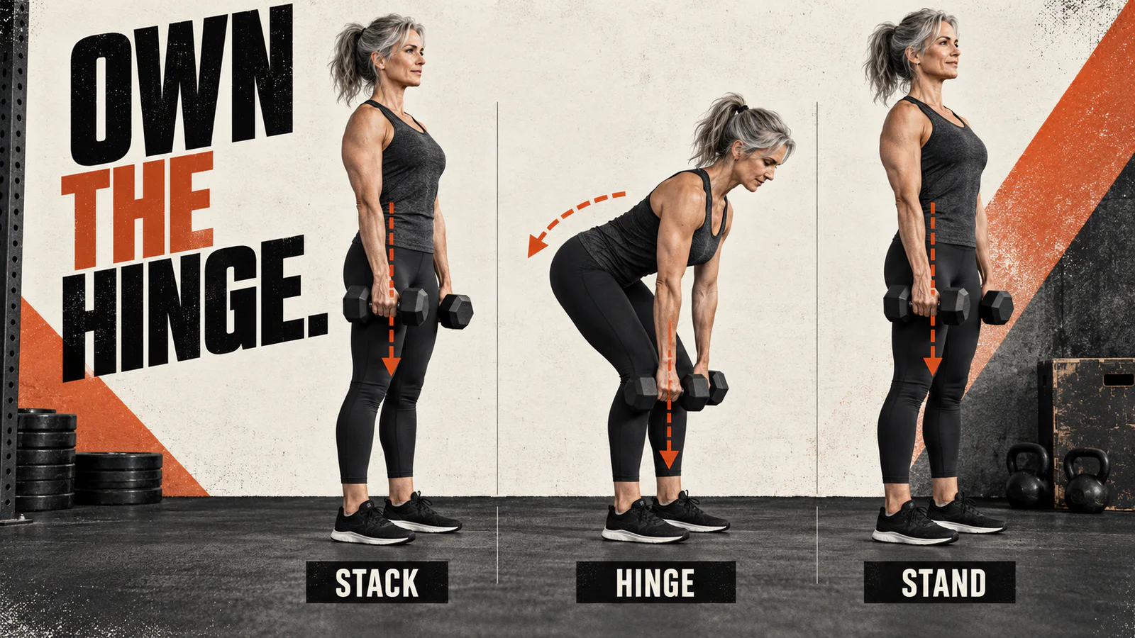 A strong woman demonstrating the setup, hinge, and standing phases of a dumbbell Romanian deadlift.